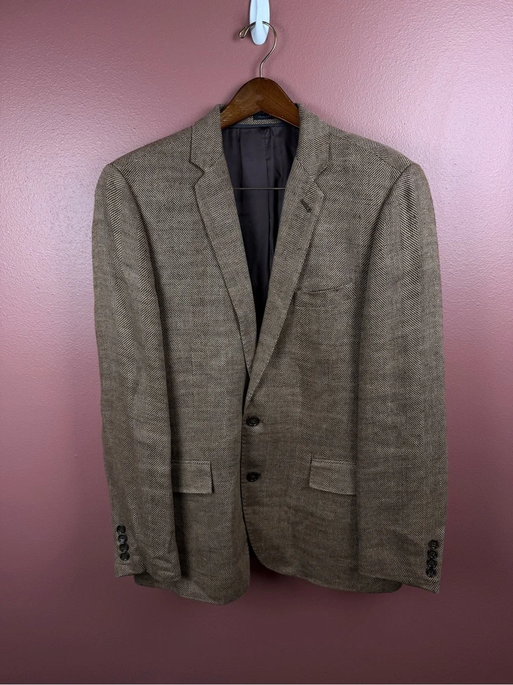 J. Crew Men's Tan/Brown Herringbone Sport Coat Blazer Linen Blend 42R